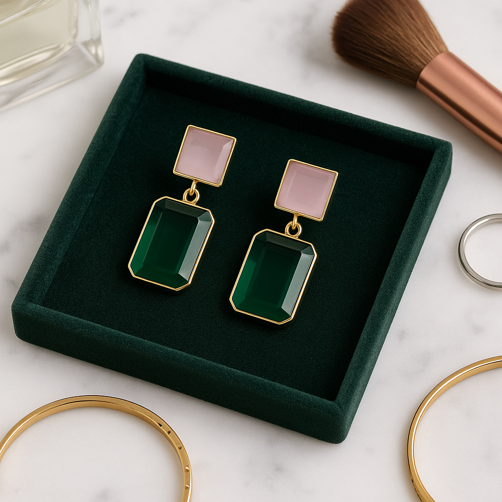 Modern Geometric Drop Earrings with Emerald Green and Pink Stone Accents