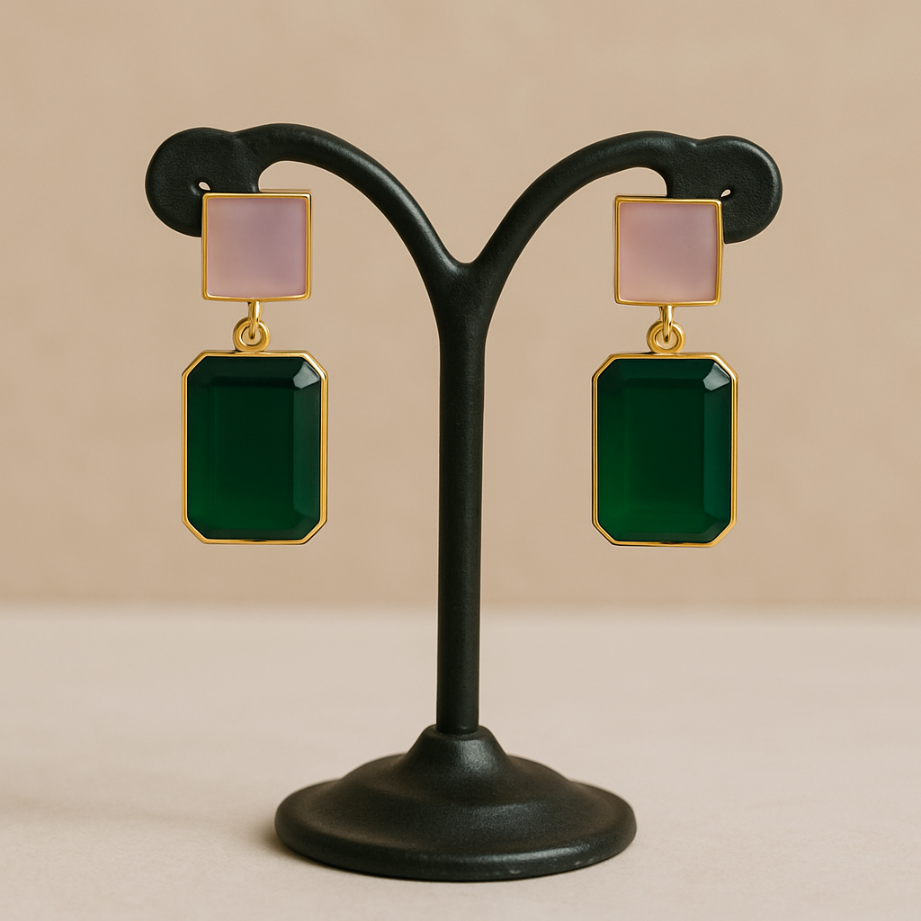 Modern Geometric Drop Earrings with Emerald Green and Pink Stone Accents