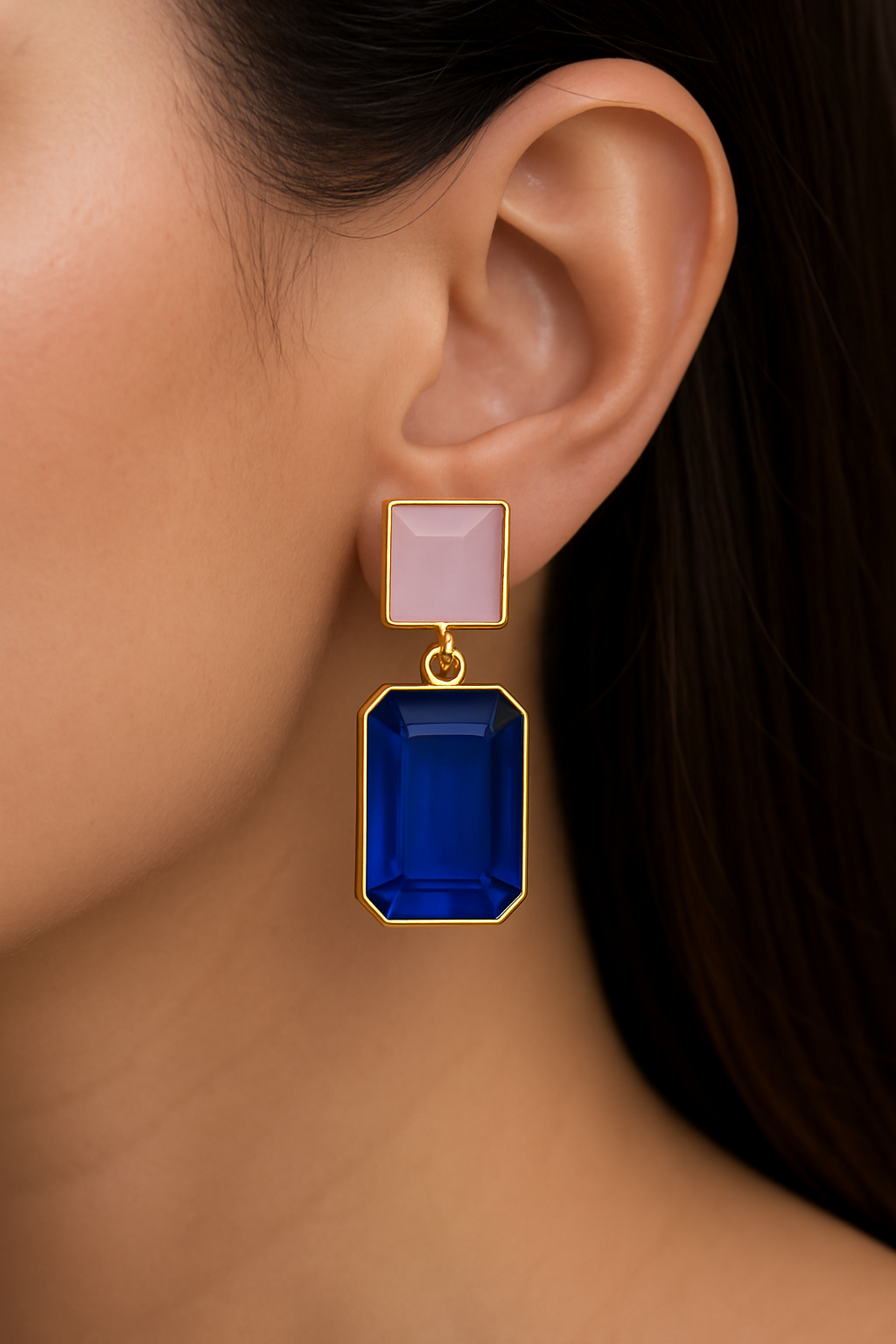 Modern Geometric Drop Earrings with Emerald Green and Pink Stone Accents