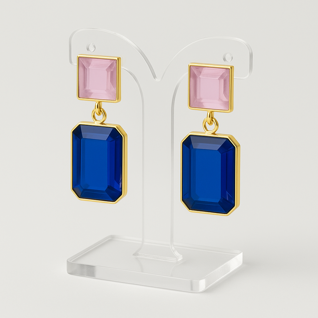 Modern Geometric Drop Earrings with Emerald Green and Pink Stone Accents
