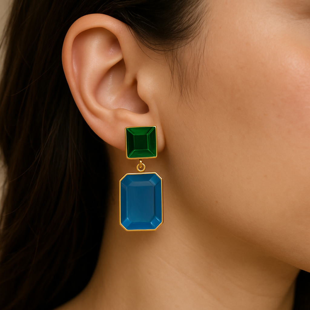 Modern Geometric Drop Earrings with Emerald Green and Pink Stone Accents
