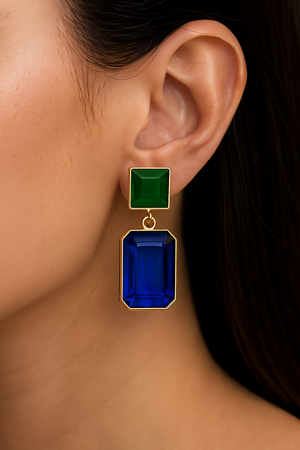 Modern Geometric Drop Earrings with Emerald Green and Pink Stone Accents
