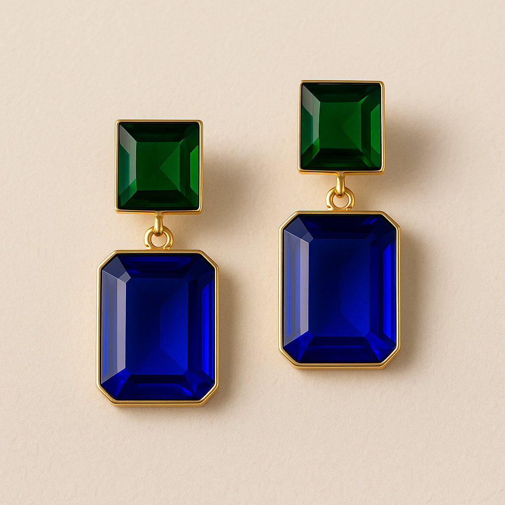 Modern Geometric Drop Earrings with Emerald Green and Pink Stone Accents