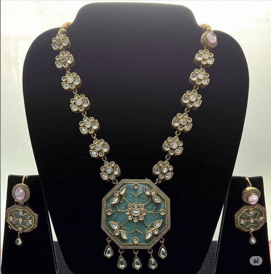 Antique Gold Tone Necklace and Earrings Set with Teal Enamel and Pink Pearl Accents