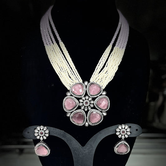 Pink Stone Floral Kundan Choker Set | Multi-Strand Pearl Beads | Indian Bridal Statement Jewelry | Designer Wedding Gift