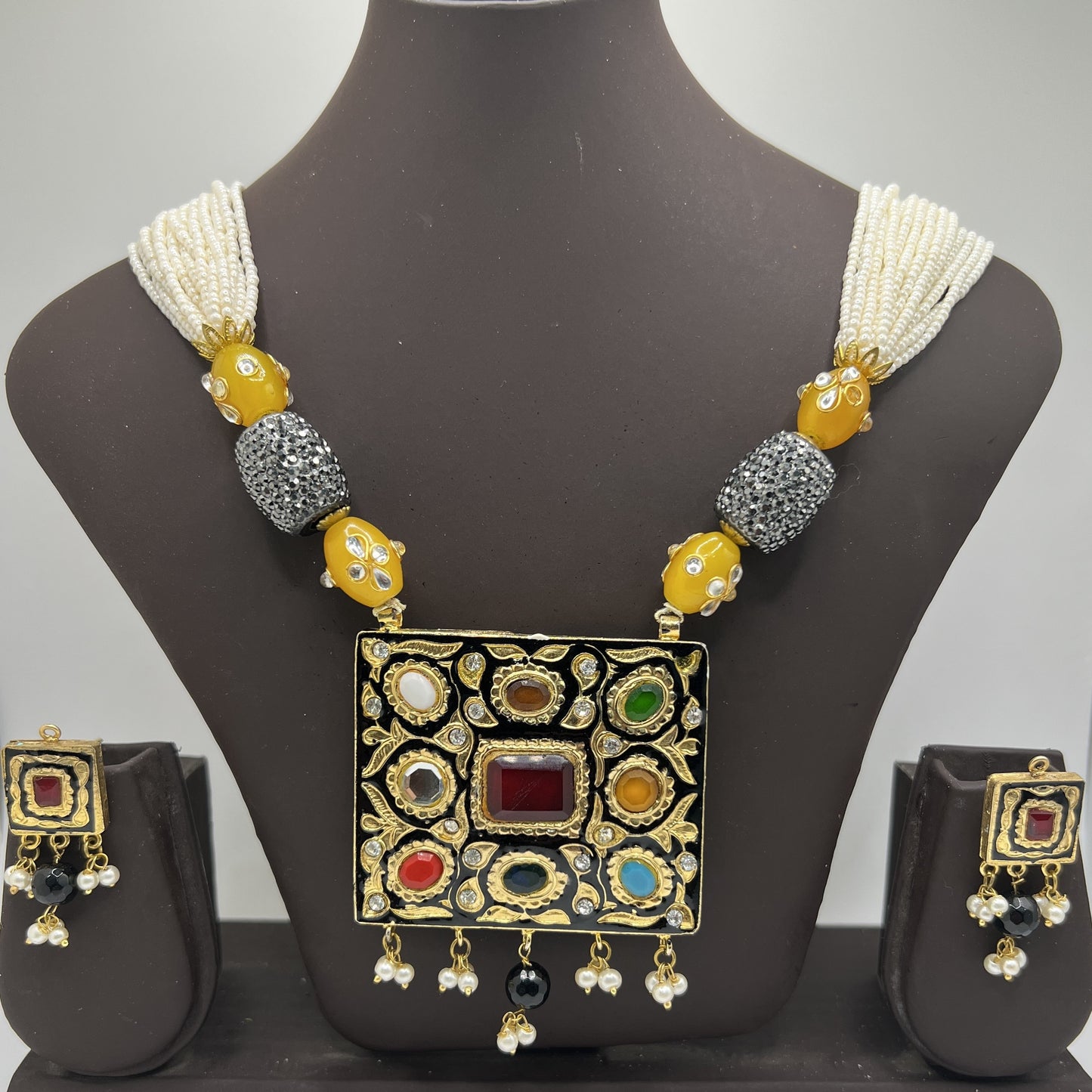 Reversible Navratna Necklace Set with Meenakari Enamel – Traditional Temple Jewelry for Weddings & Festivals