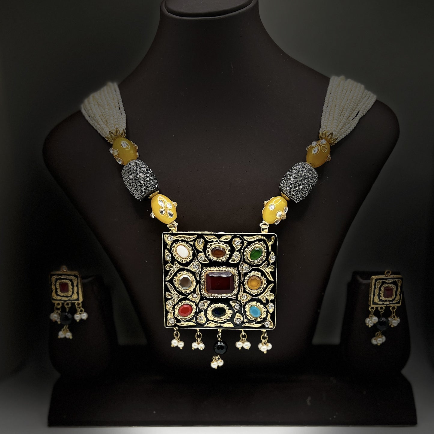 Reversible Navratna Necklace Set with Meenakari Enamel – Traditional Temple Jewelry for Weddings & Festivals