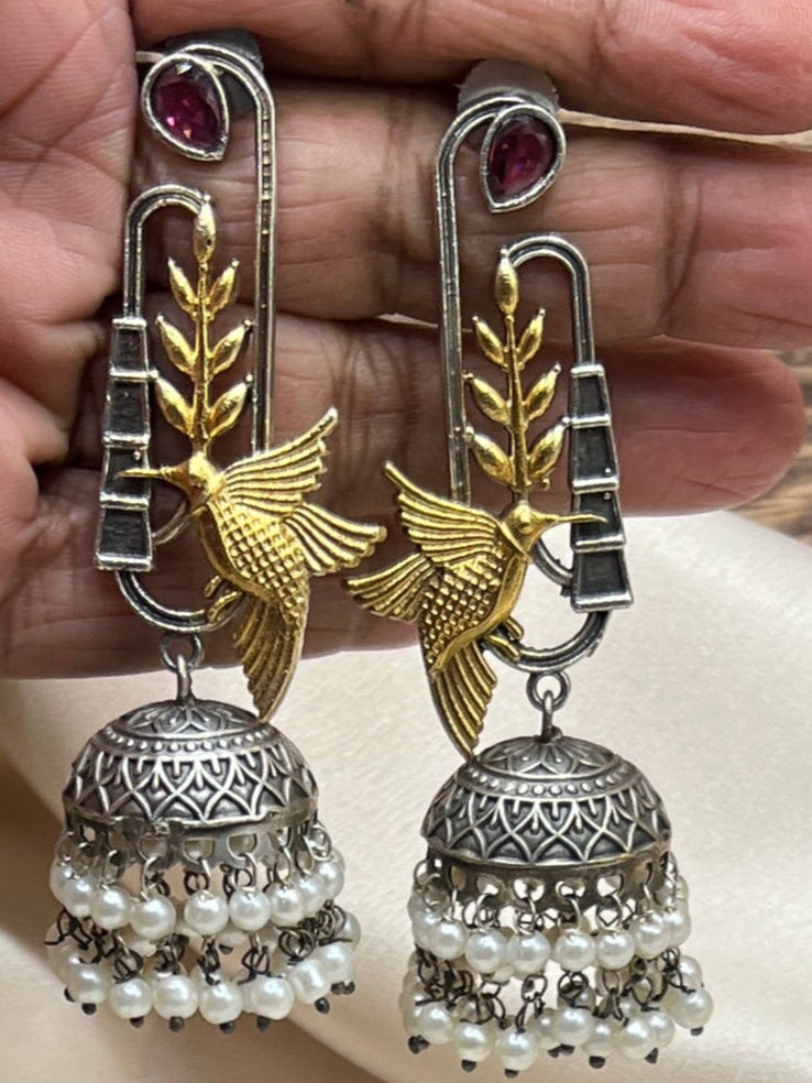Unique Hummingbird and Jhumka Earrings with Sapphire and Pearl Accents