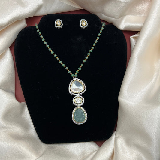 Elegant Polki Diamond and Emerald Beaded Necklace Set