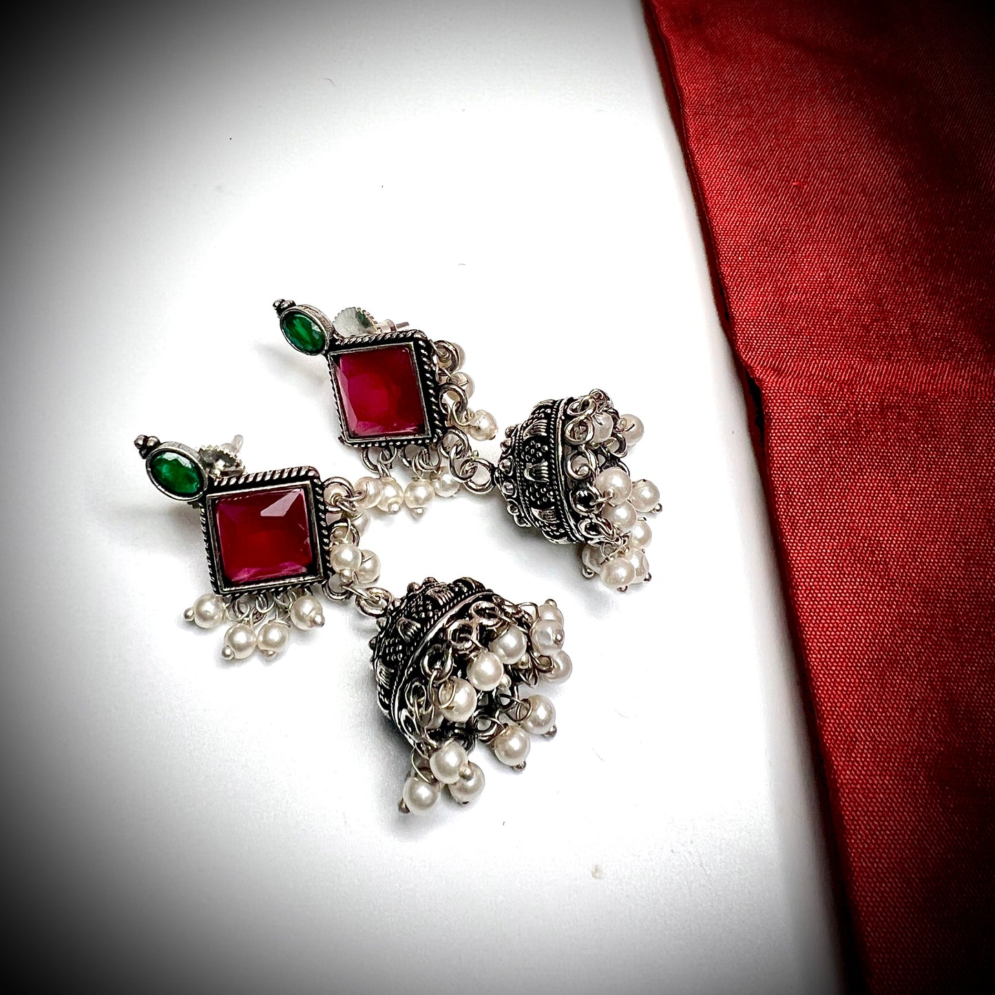 Delicate stone and Pearl Earrings with Silver Tassels