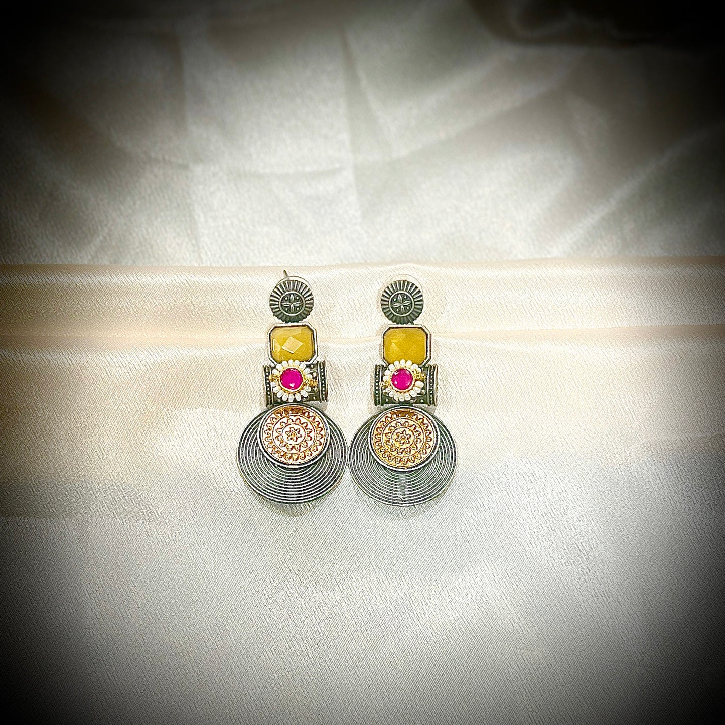 Silver Gold Onyx Earrings, Boho Statement Jewelry, Handmade-Teal