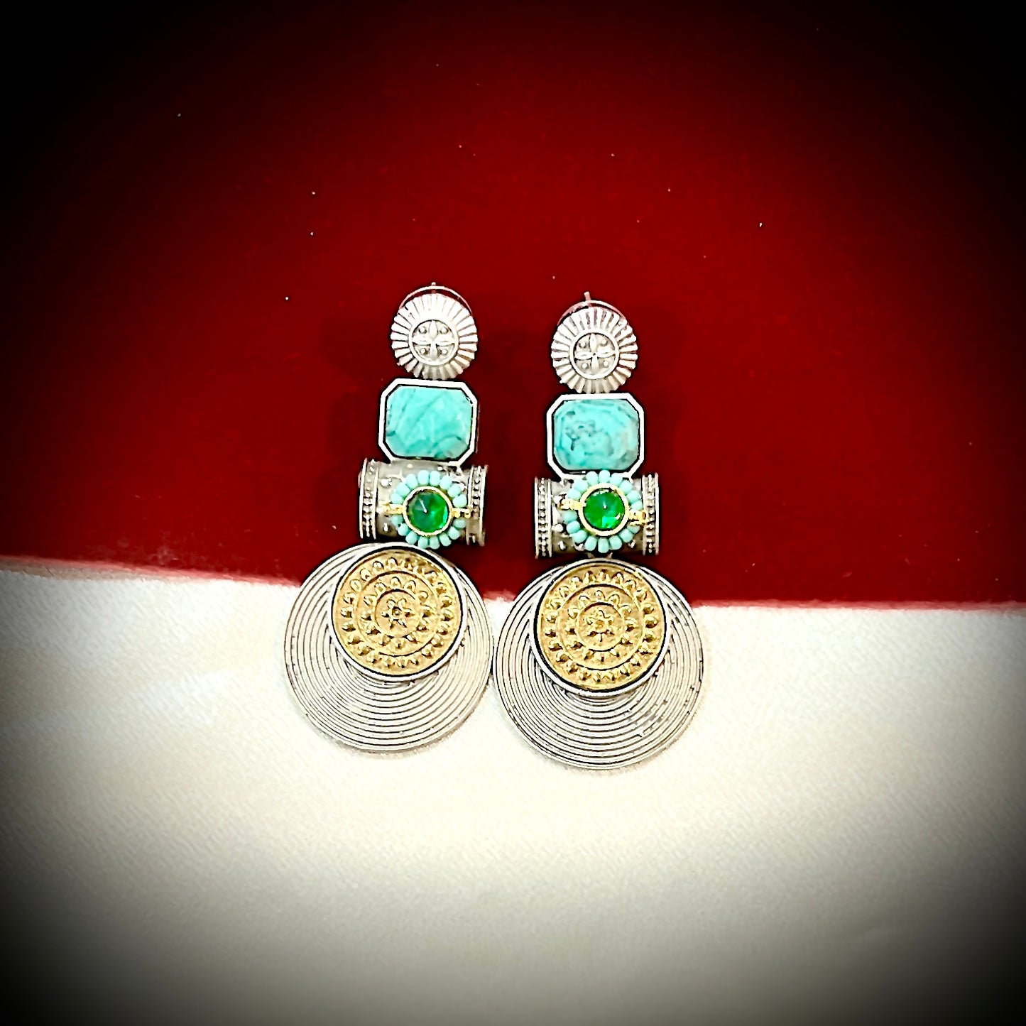 Artisan Silver & Gold Tone Statement Earrings with Onyx & Gem Stone Accents