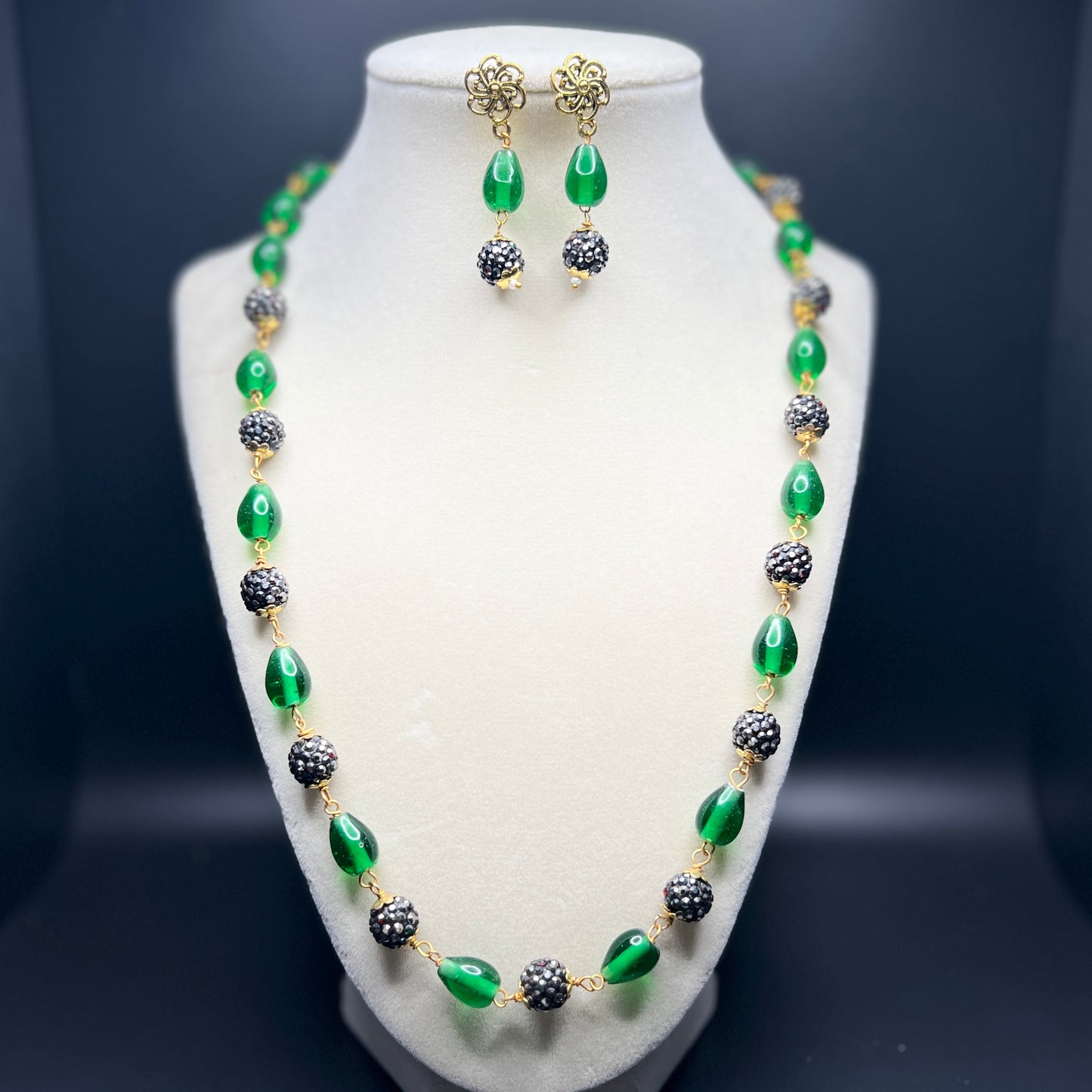 Elegant Green Onyx & Crystal Bead Necklace Set with Earrings |Best Seller | Gift for Her | Statement Gift