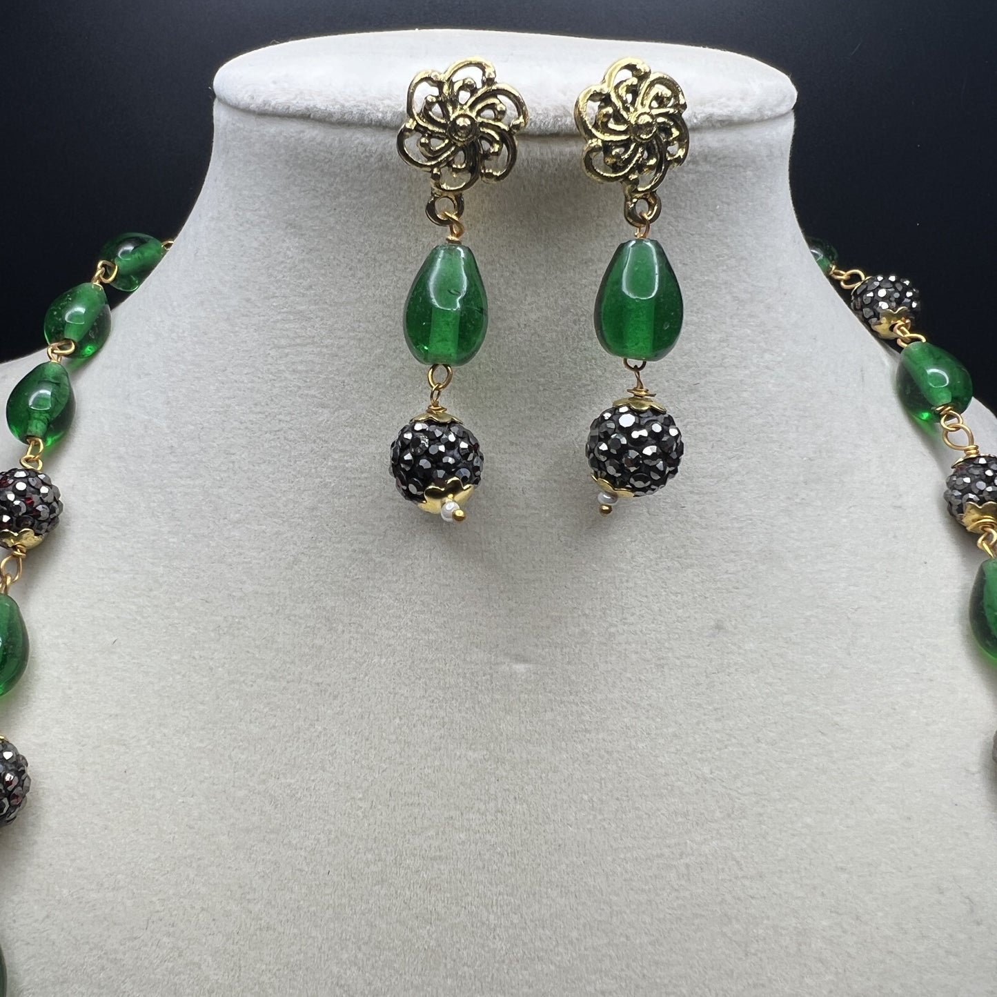 Elegant Green Onyx & Crystal Bead Necklace Set with Earrings |Best Seller | Gift for Her | Statement Gift