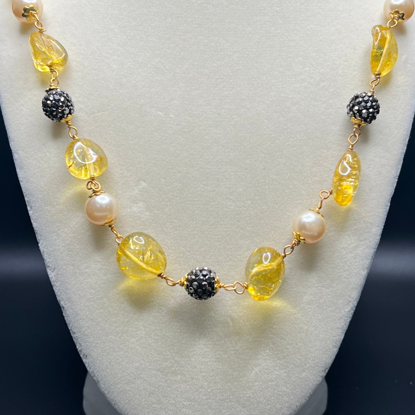 Citrine Yellow Glass & Pearl Necklace with Crystal Ball Accents – Sunshine-Inspired Handmade Jewelry