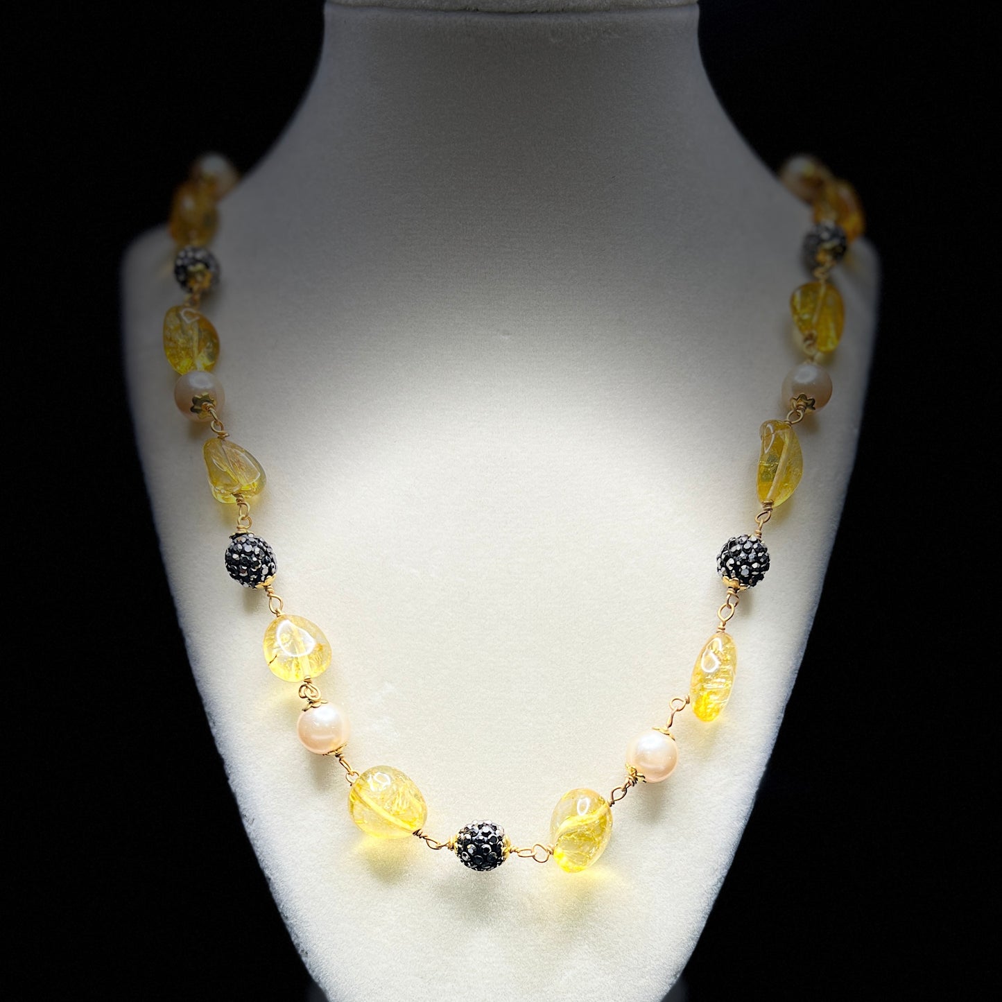 Citrine Yellow Glass & Pearl Necklace with Crystal Ball Accents – Sunshine-Inspired Handmade Jewelry