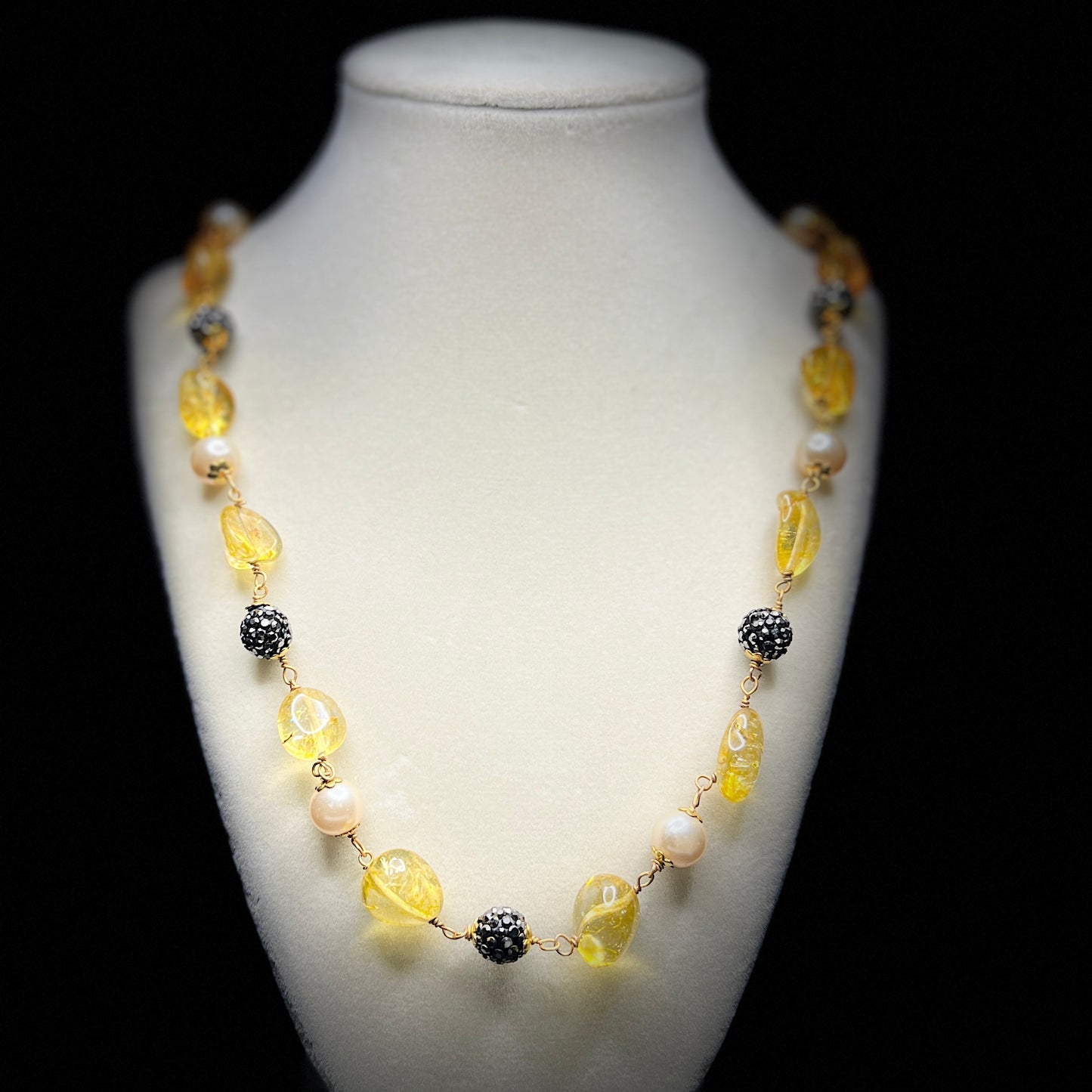 Citrine Yellow Glass & Pearl Necklace with Crystal Ball Accents – Sunshine-Inspired Handmade Jewelry
