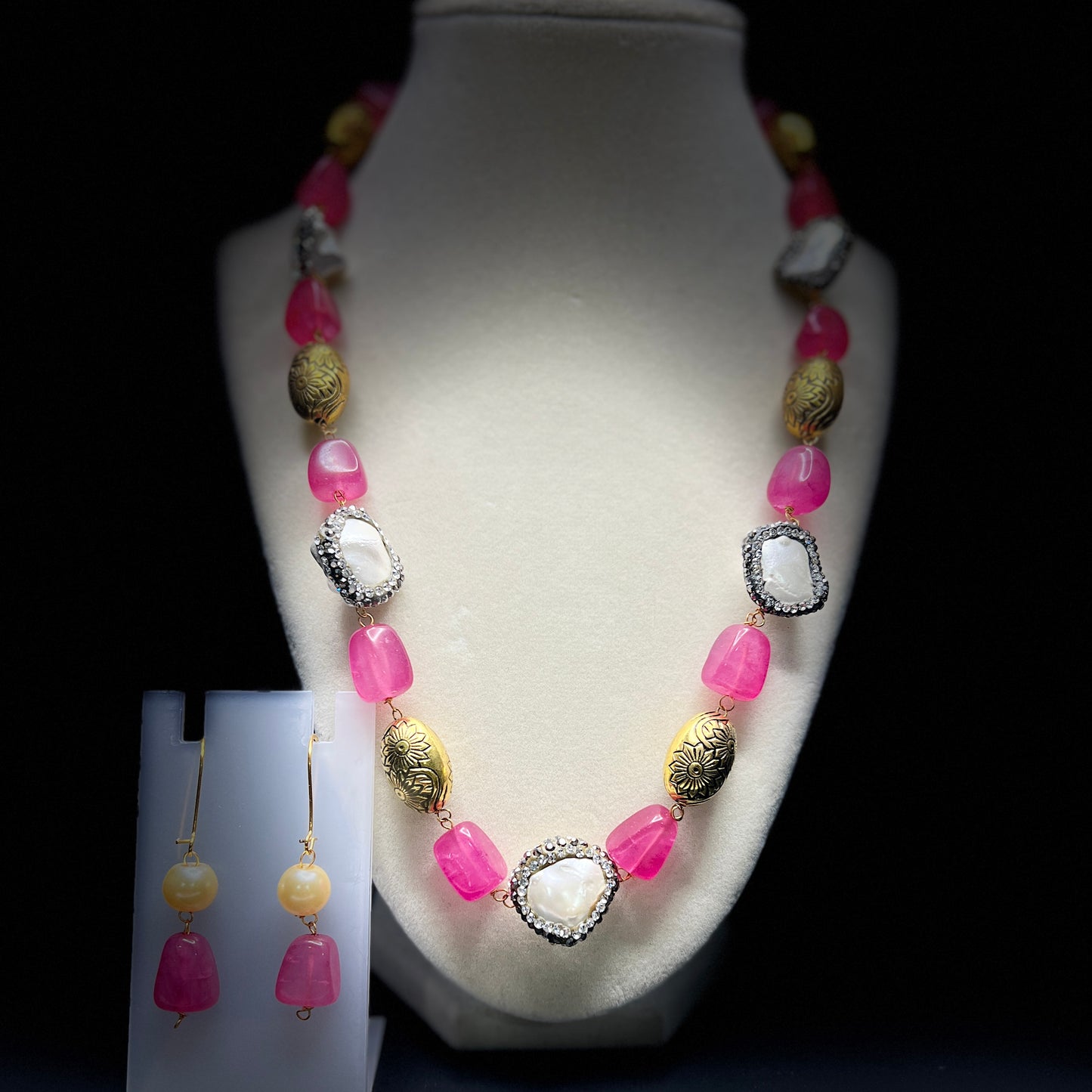 Elegant Pink Stone & Pearl Statement Necklace Set with Gold Accents