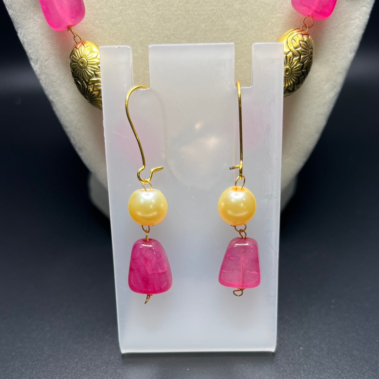 Pink Stone, Pearl, & Gold Bead Necklace Set with Matching Earrings