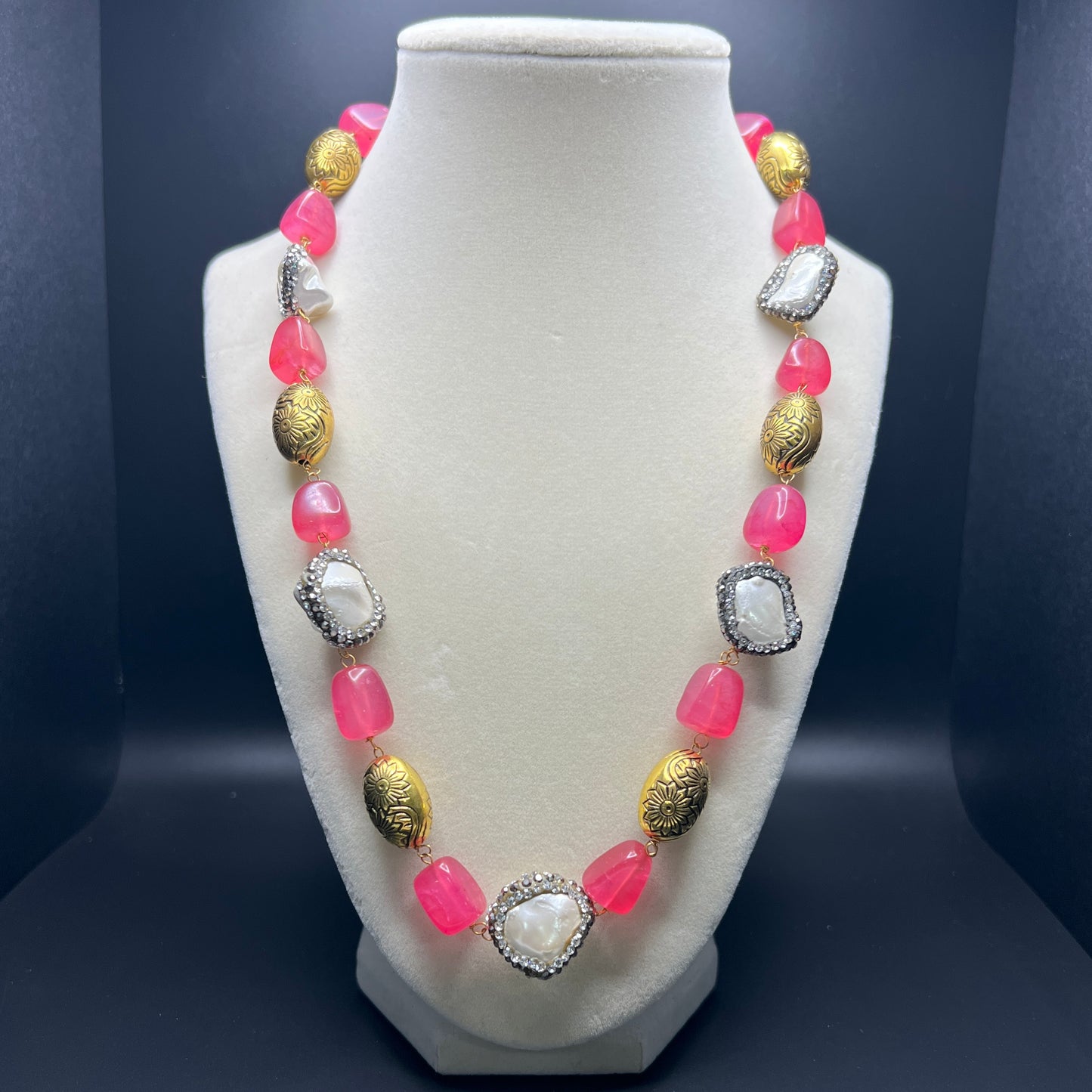 Elegant Pink Stone & Pearl Statement Necklace Set with Gold Accents