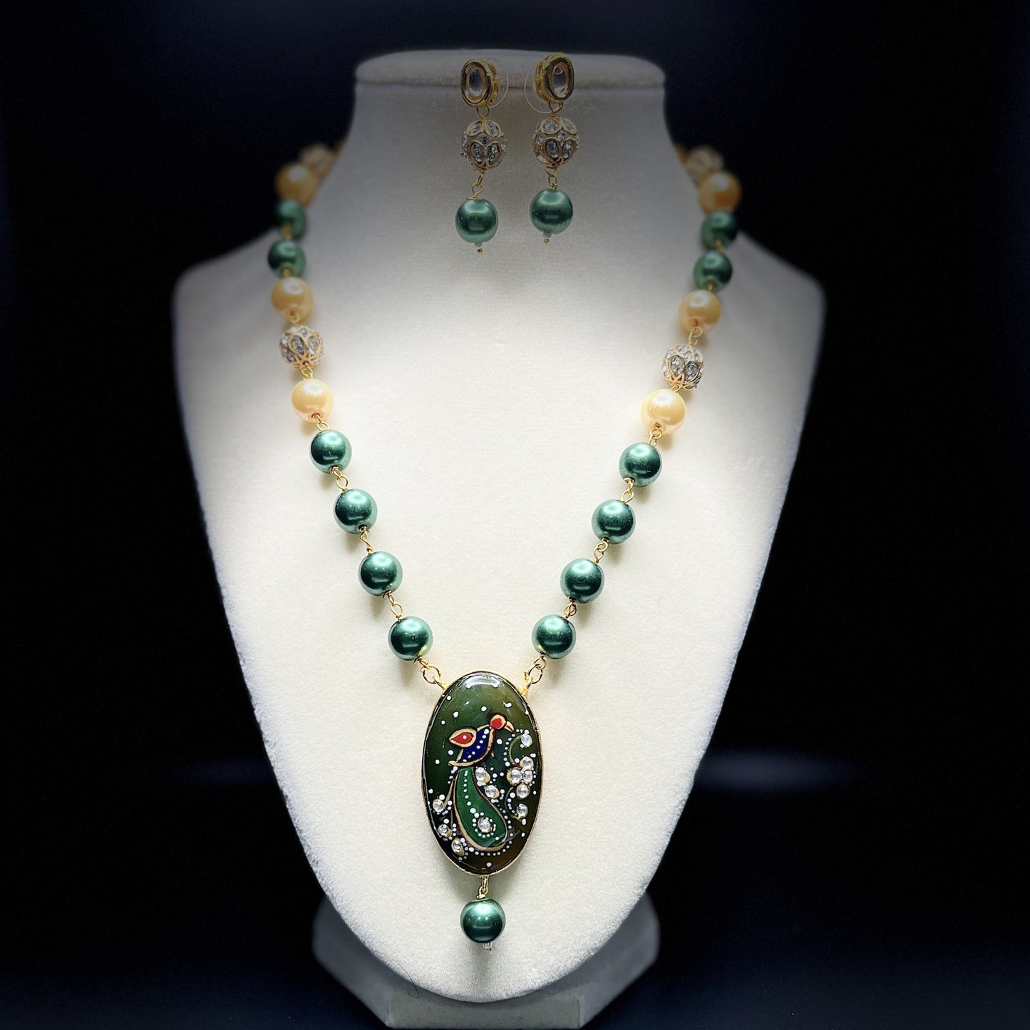 Peacock Pendant Necklace Set | Green and Gold Beaded Jewelry | Hand Painted Enamel | Indian Traditional Jewelry | Gift for Her