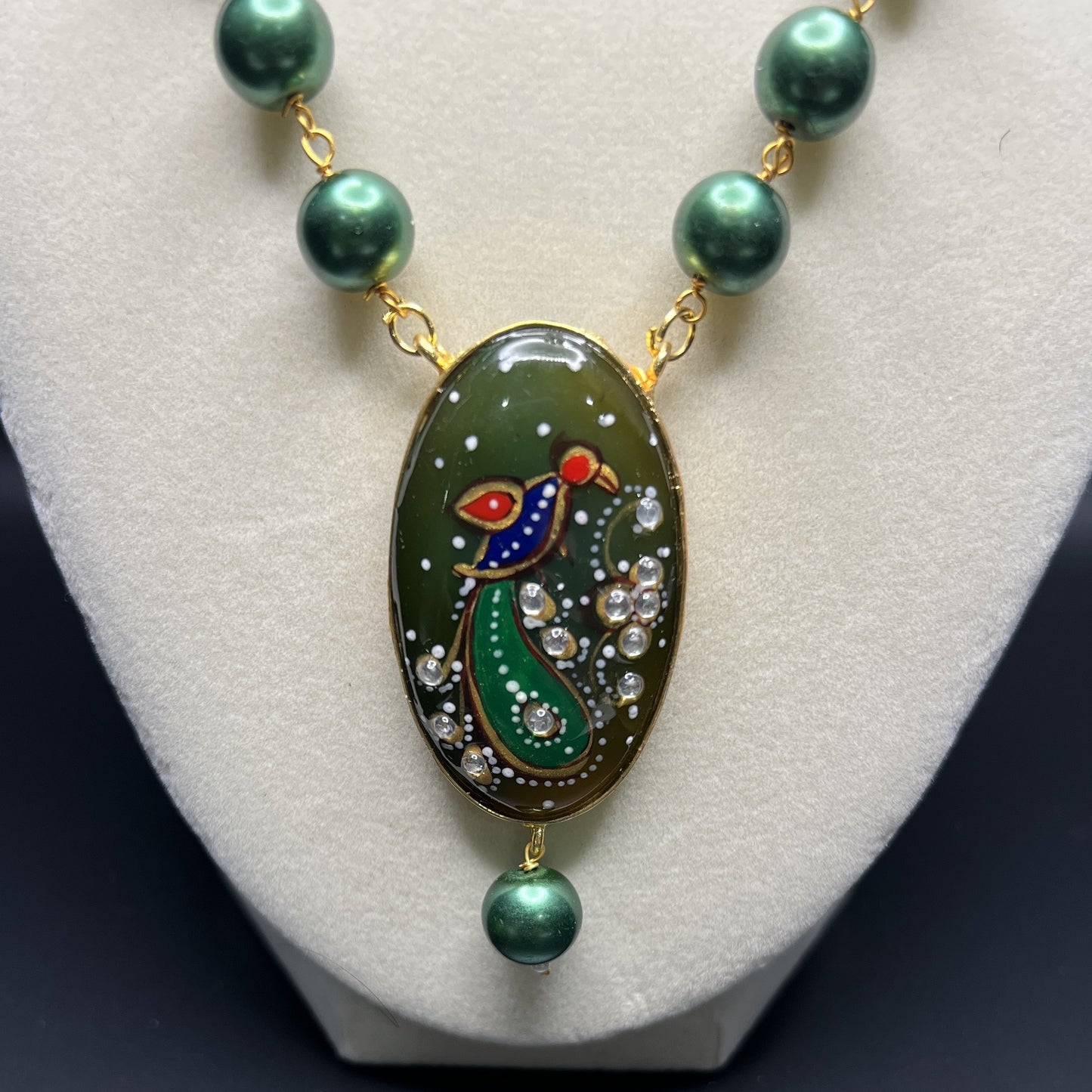 Peacock Pendant Necklace Set | Green and Gold Beaded Jewelry | Hand Painted Enamel | Indian Traditional Jewelry | Gift for Her