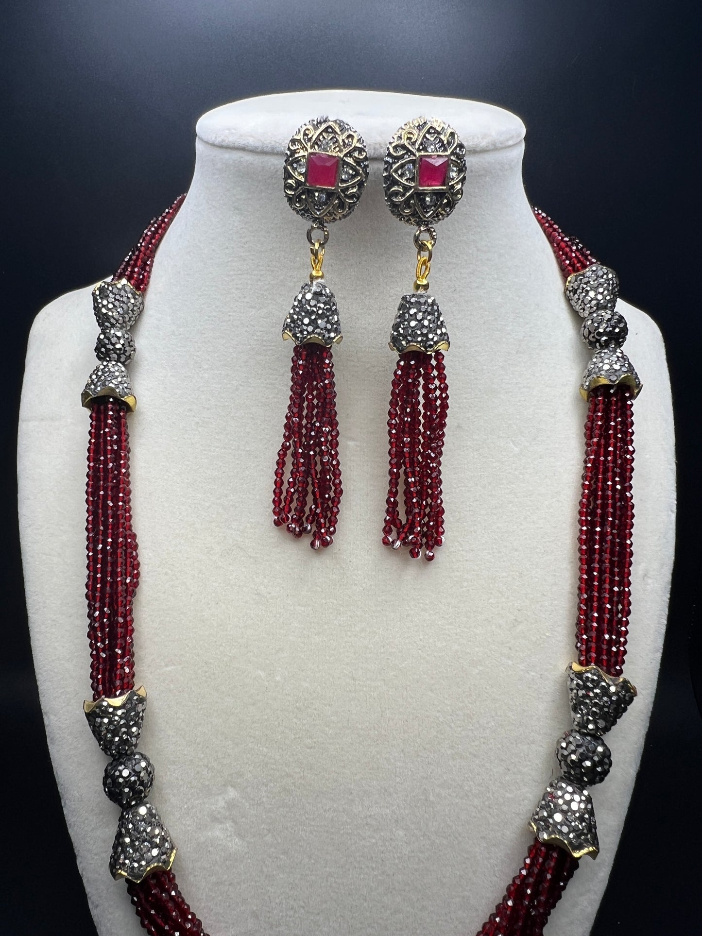 Bohemian Chic Maroon Crystal Necklace Set, Tassel Drop Earrings, Artisan Jewelry