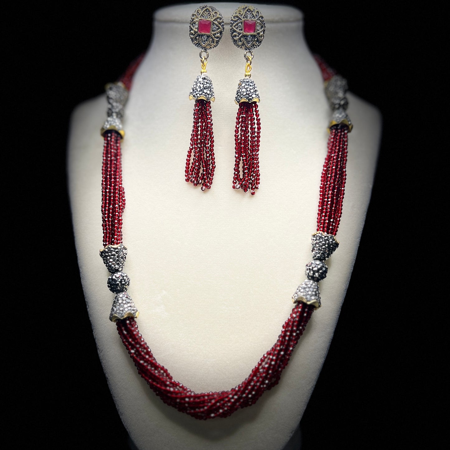 Maroon Crystal Necklace Set, Tassel Earrings, Antique Silver, Bohemian