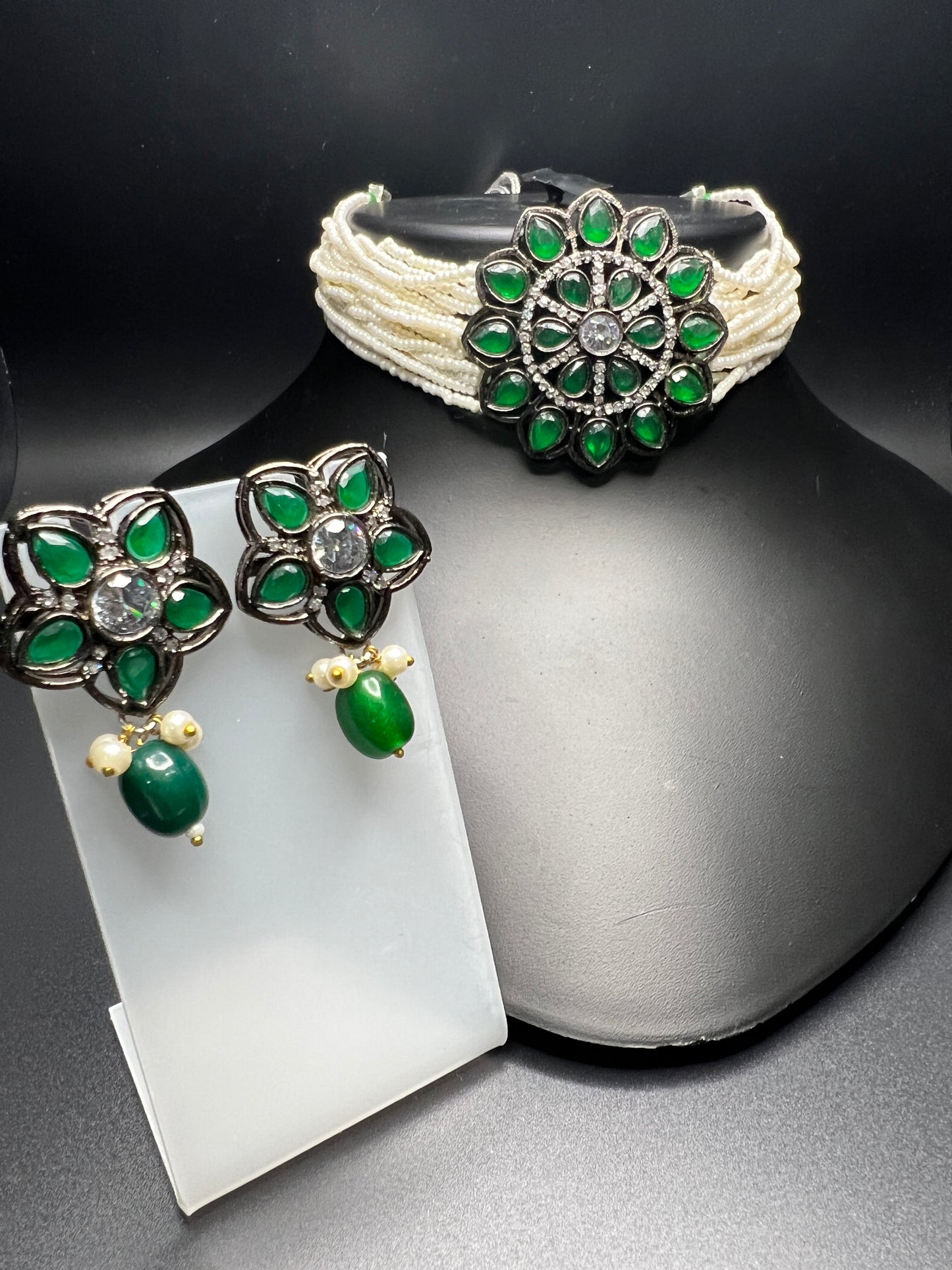 Victorian Style Green Stone & Pearl Choker Necklace Set with Floral Earrings| Indian Necklace Set| Gift for Her|Birthday's |Aniversary|Wedding Gift