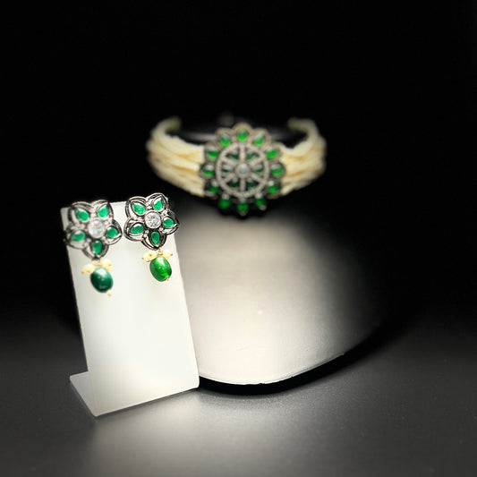 Victorian Style Green Stone & Pearl Choker Necklace Set with Floral Earrings| Indian Necklace Set| Gift for Her|Birthday's |Aniversary|Wedding Gift