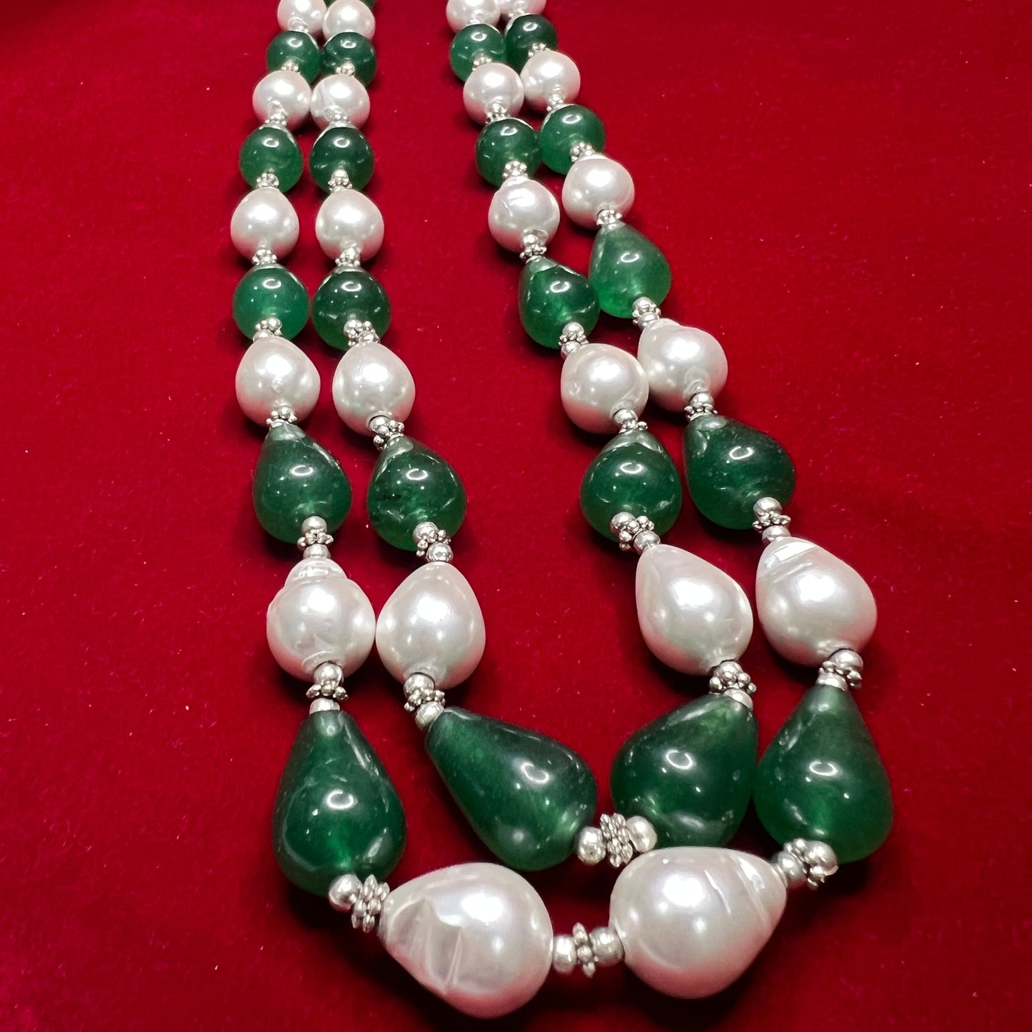 Green Semi-Precious Beads & White Shell Pearl Layered Necklace
