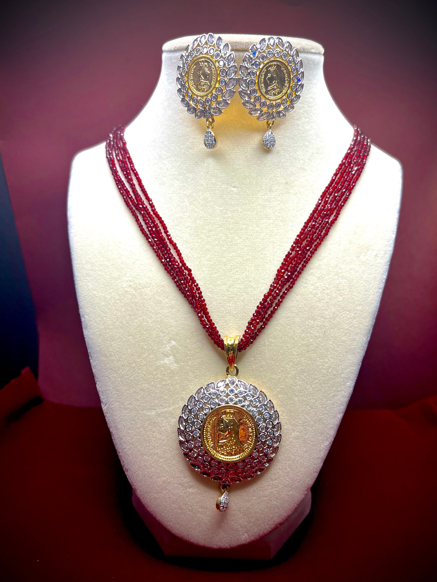 Red Crystal Bead Necklace Set with Kundan Pendant & Earrings, Gold Accents