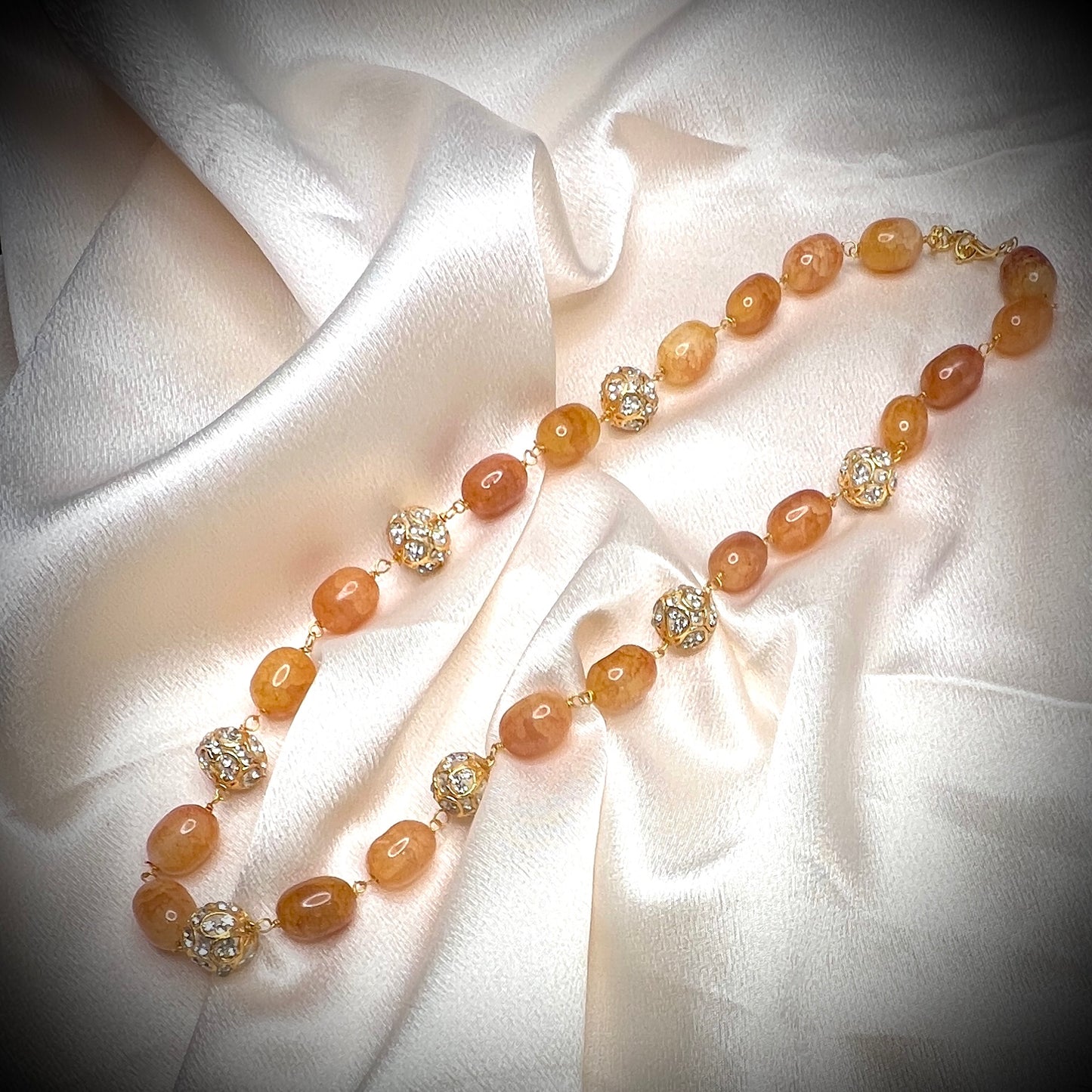 Orange Aventurine Gemstone Necklace with Crystal Ball Accents, Gold Details