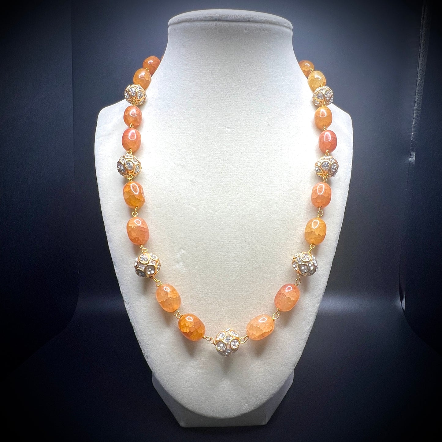 Peach Moonstone & Crystal Ball Necklace – Elegant Handmade Statement Jewelry