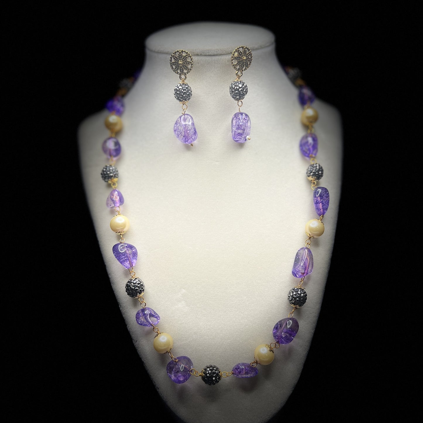Amethyst Purple Crackle Glass & Champagne Bead Necklace Set with Matching Earrings