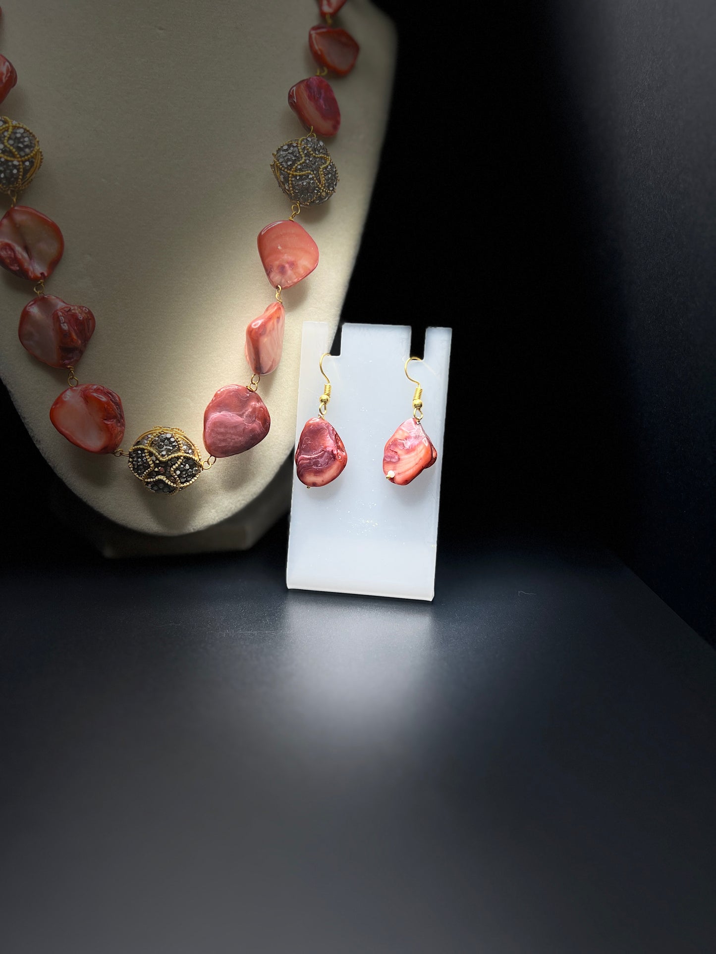 Shell Bead Necklace & Earring Set with Textured Metal Accents