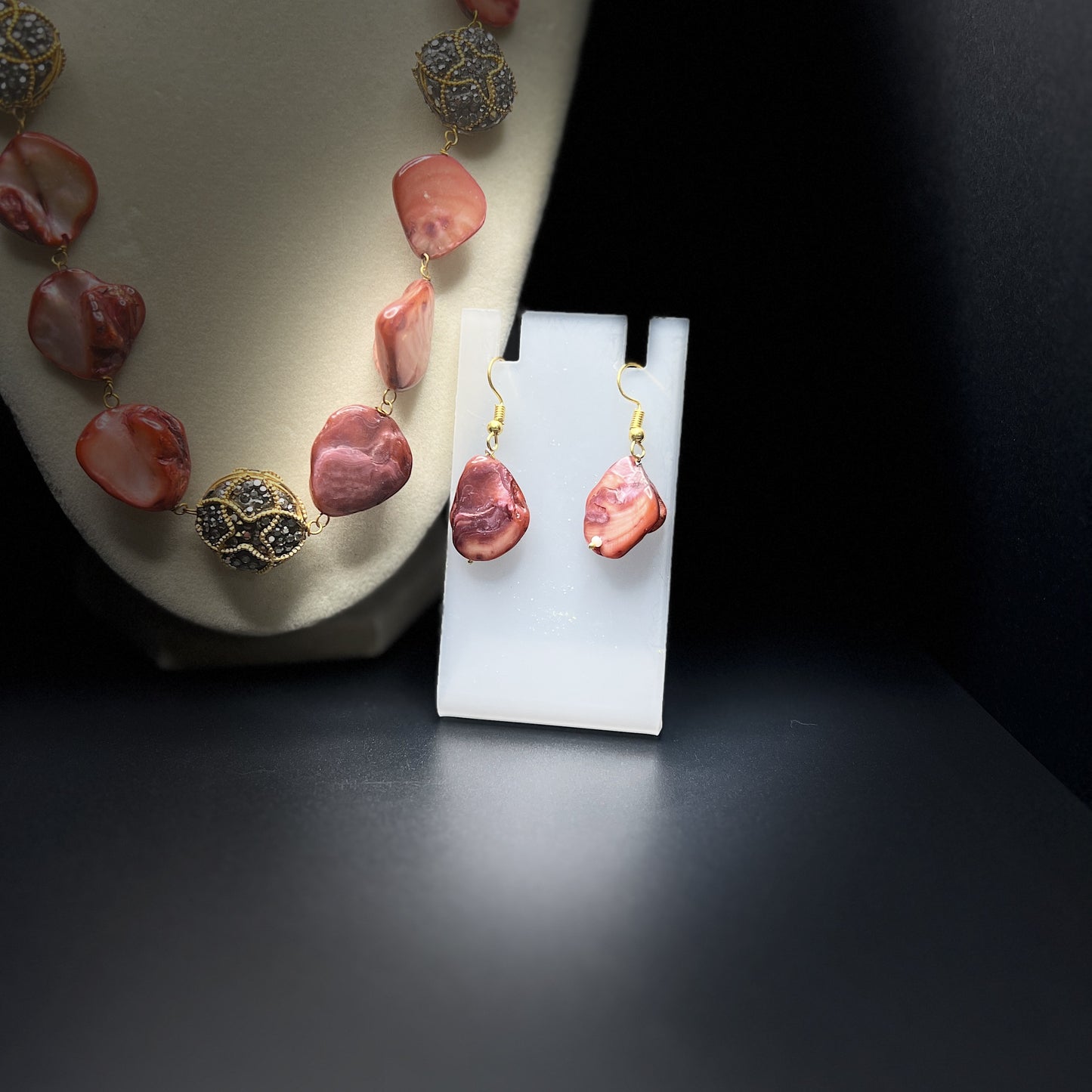Red Mother of Pearl Necklace and Earring Set | Handmade Shell Jewelry | Statement Beaded Gift for Her