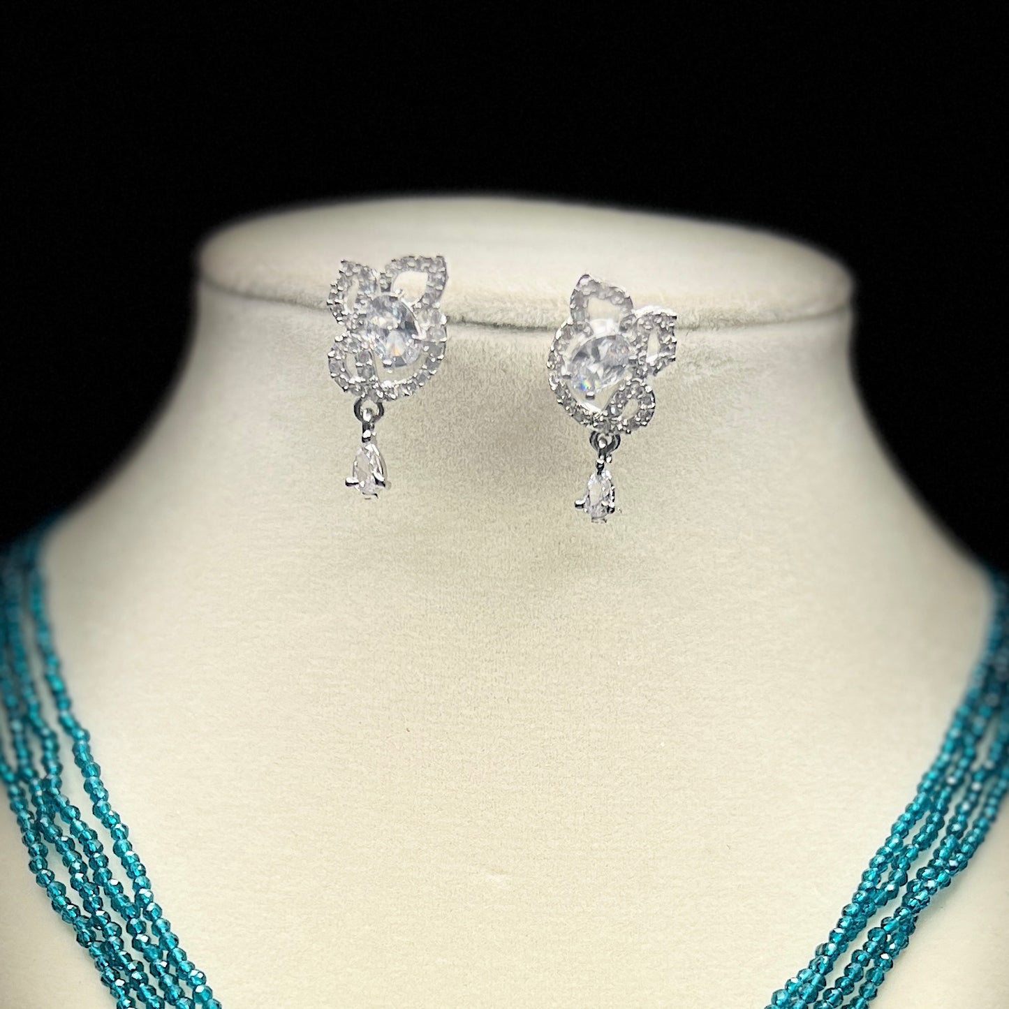 Modern Crystal Pendant Necklace Set, Blue Seed Beads, Silver Tone Jewelry