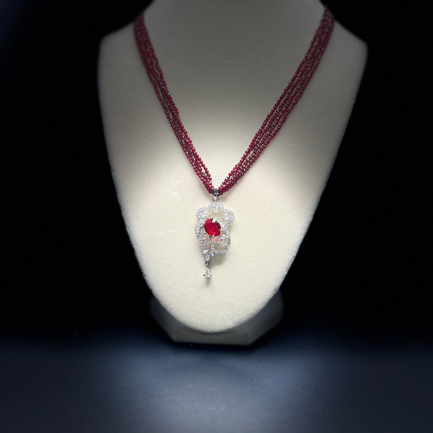 Burgundy Seed Bead Necklace Set with Crystal Pendant & Earrings, Silver Tone