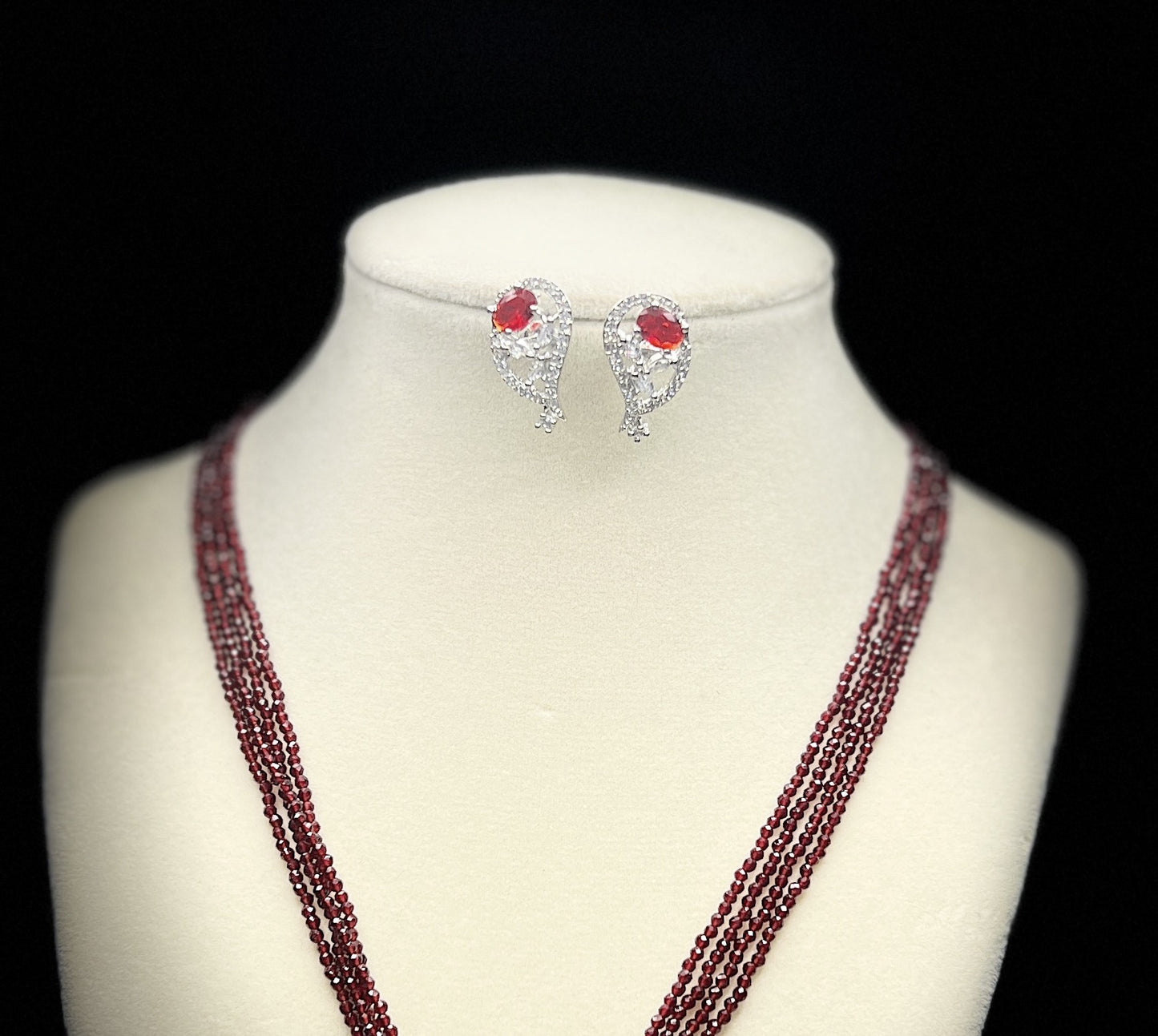 Burgundy Seed Bead Necklace Set with Crystal Pendant & Earrings, Silver Tone
