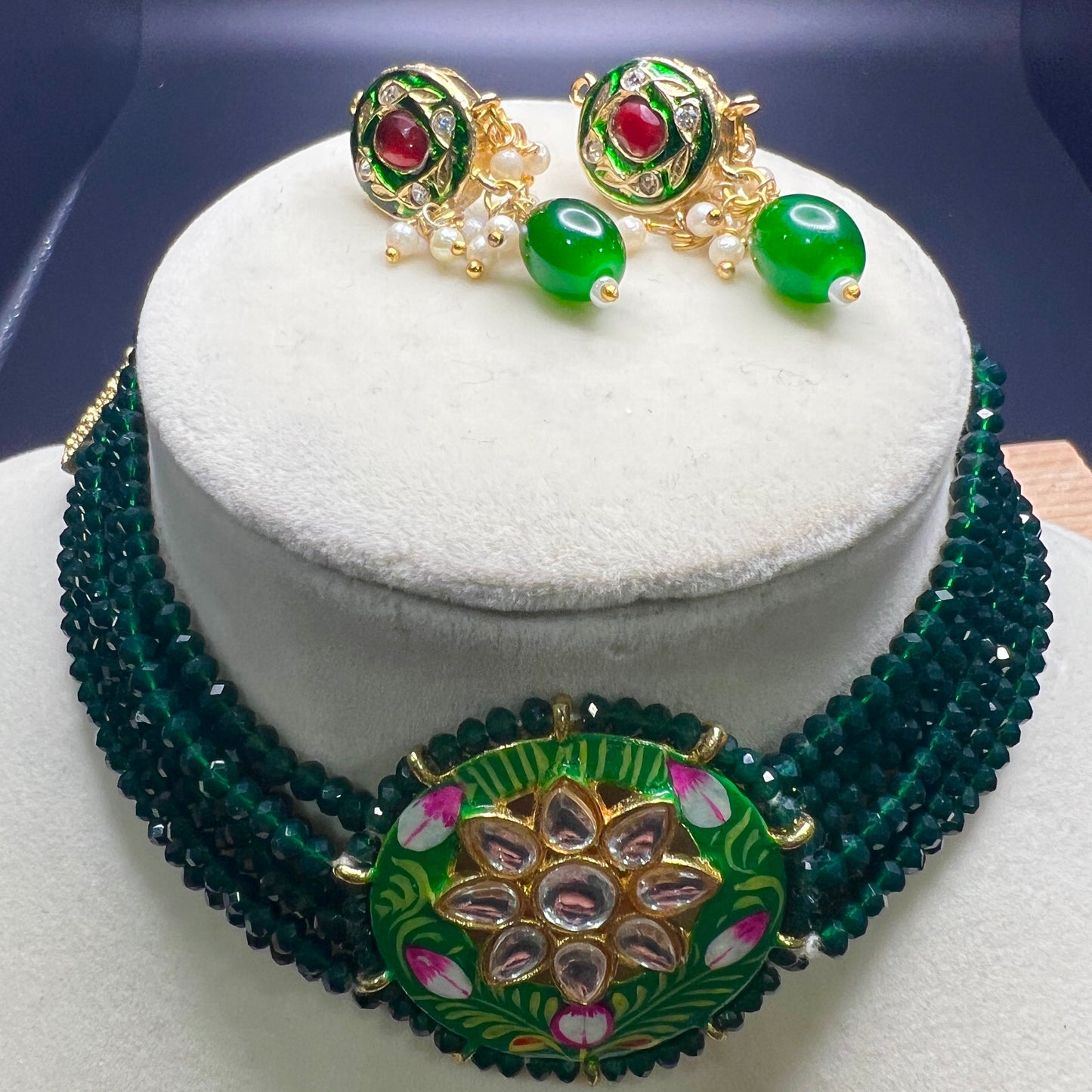 Green Meenakari Kundan Choker Necklace Set – Handmade Beaded Jewelry for Weddings, Festivals & Parties