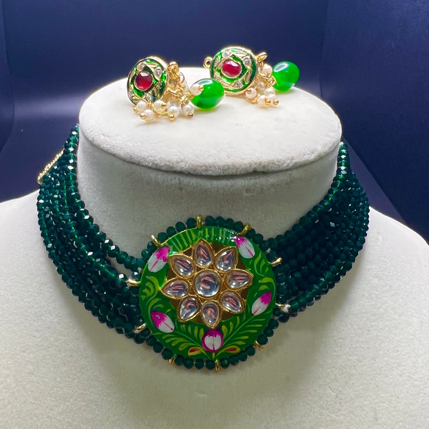 Green Meenakari Kundan Choker Necklace Set – Handmade Beaded Jewelry for Weddings, Festivals & Parties