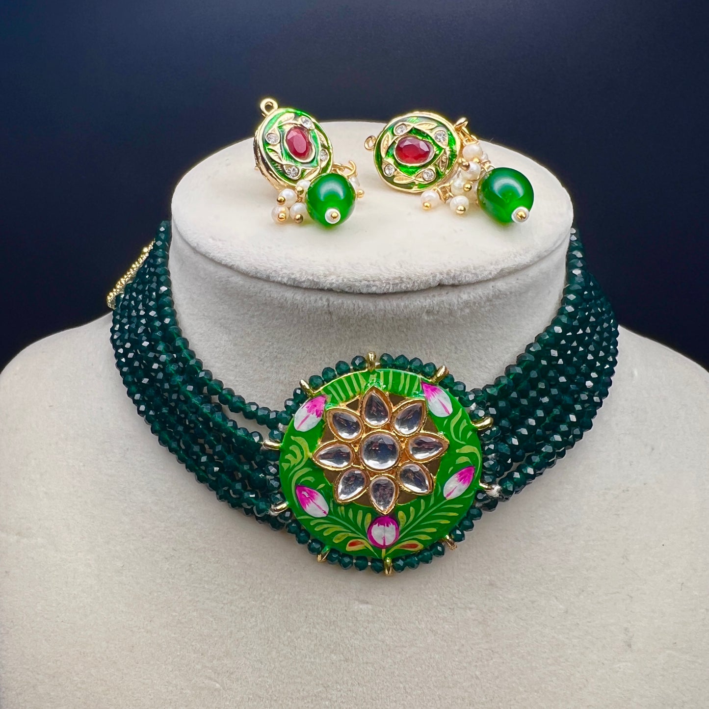 Green Meenakari Kundan Choker Necklace Set – Handmade Beaded Jewelry for Weddings, Festivals & Parties