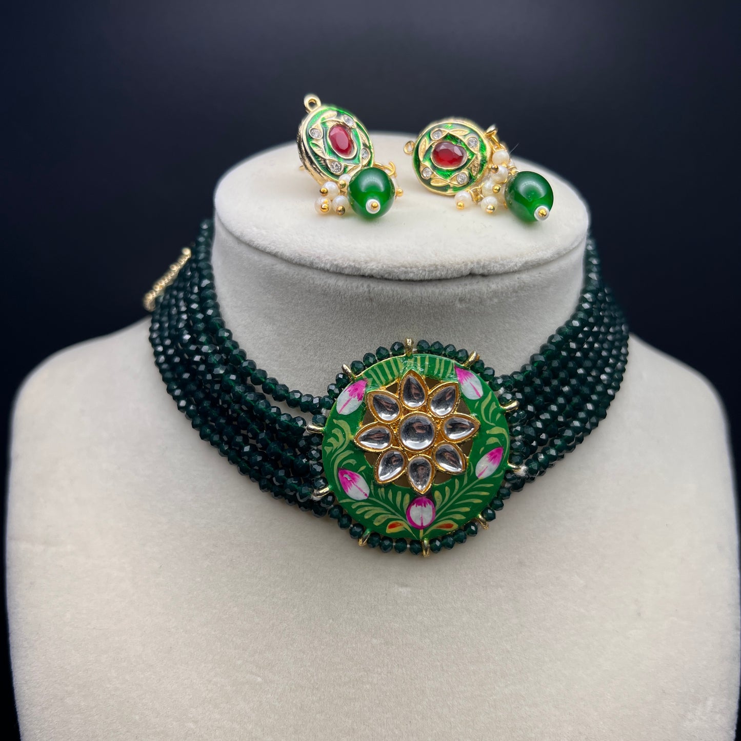 Green Meenakari Kundan Choker Necklace Set – Handmade Beaded Jewelry for Weddings, Festivals & Parties