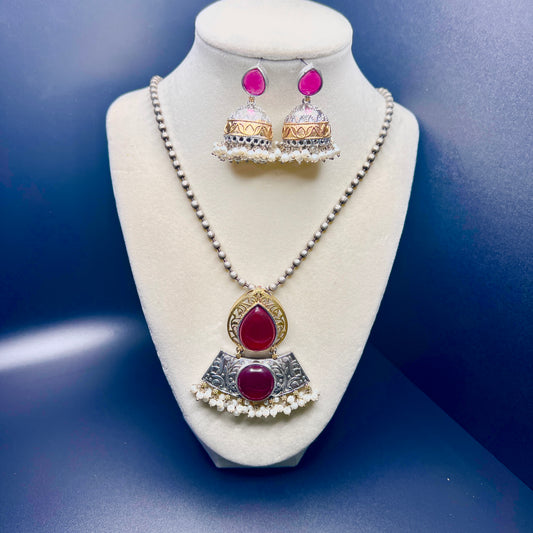 Antique Finish Necklace Set with Jhumka Earrings – Ethnic Pendant Jewelry – Pink, Teal, Orange Variants – Festival & Wedding Wear
