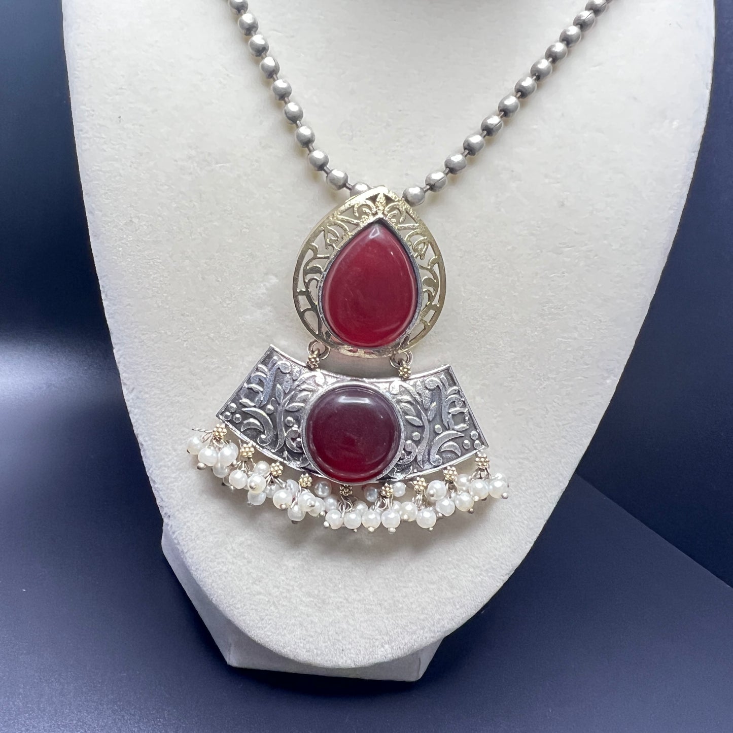 Antique Finish Necklace Set with Jhumka Earrings – Ethnic Pendant Jewelry – Pink, Teal, Orange Variants – Festival & Wedding Wear