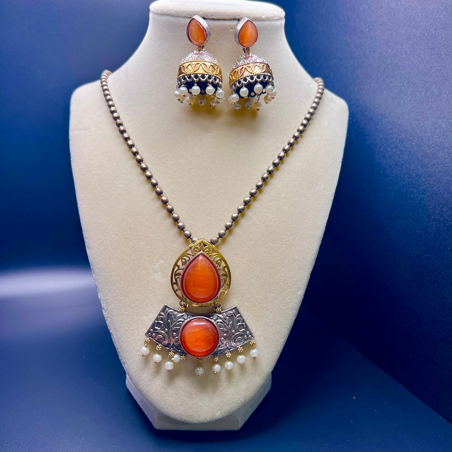 Antique Finish Necklace Set with Jhumka Earrings – Ethnic Pendant Jewelry – Pink, Teal, Orange Variants – Festival & Wedding Wear