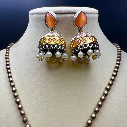 Antique Finish Necklace Set with Jhumka Earrings – Ethnic Pendant Jewelry – Pink, Teal, Orange Variants – Festival & Wedding Wear