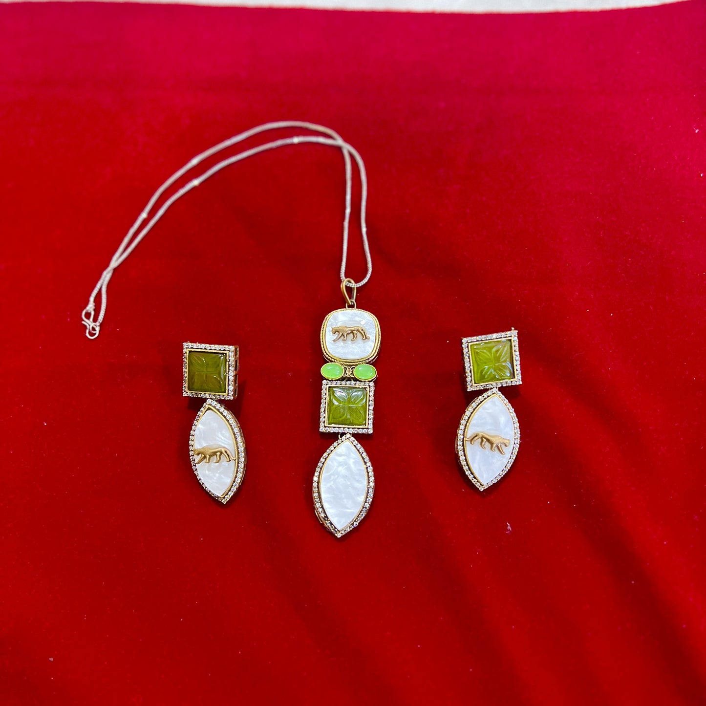 Sabyasachi- Panther Motif Carved Pendant Necklace Set with Green Onyx Accents & Dual Style Earrings