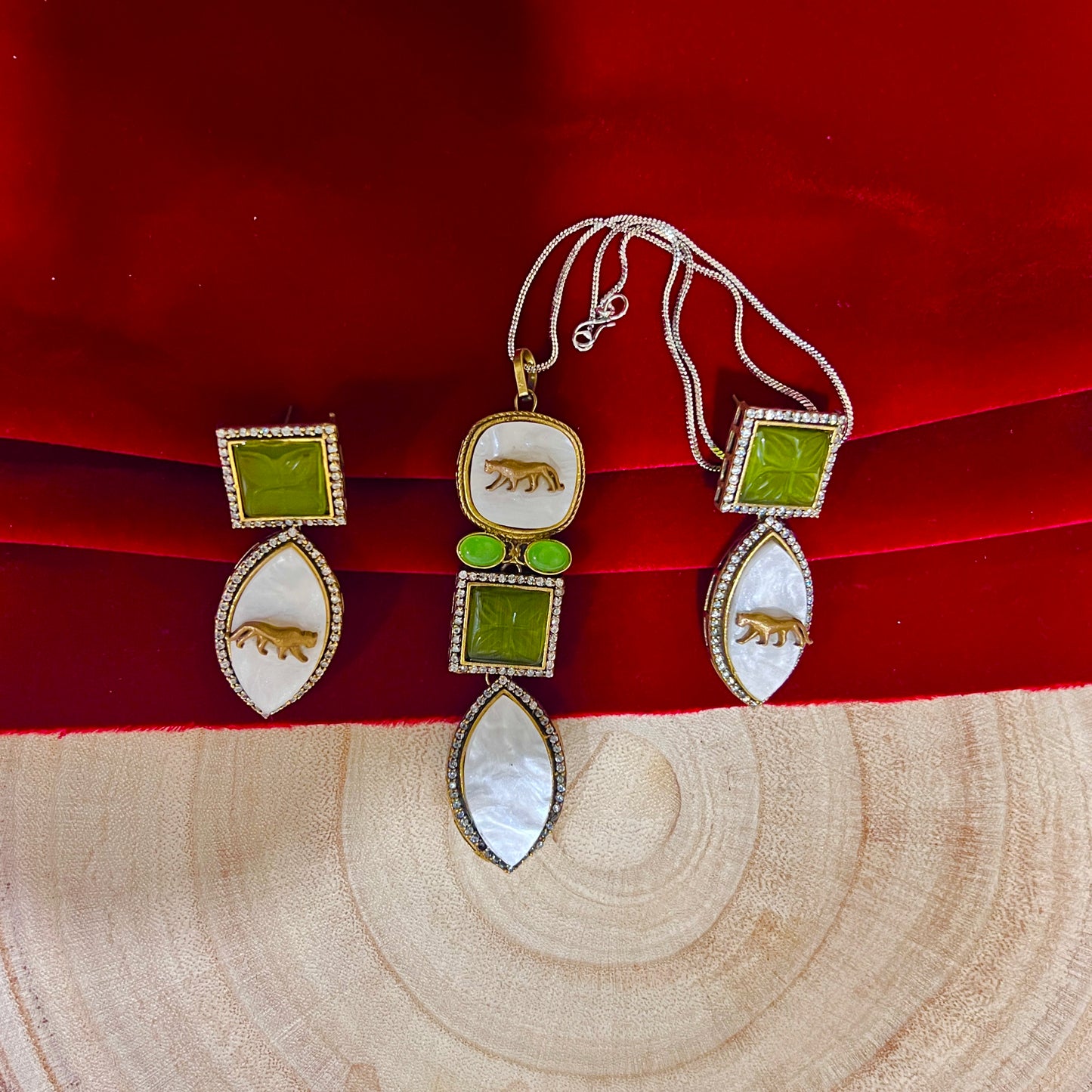 Sabyasachi- Panther Motif Carved Pendant Necklace Set with Green Onyx Accents & Dual Style Earrings